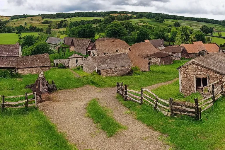 Image similar to wide shot of a rural countryside village in the style of carl valente