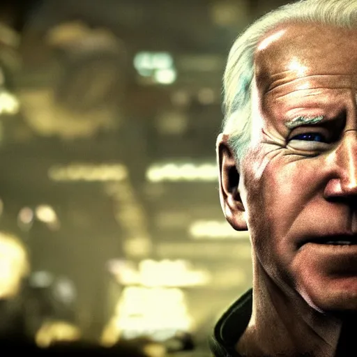 Prompt: Photo portrait of Joe Biden in Gears of War, splash art, movie still, detailed face, photorealistic facial features, cinematic lighting, dramatic, octane render, long lens, shallow depth of field, bokeh, anamorphic lens flare, 8k, hyper detailed, 35mm film grain