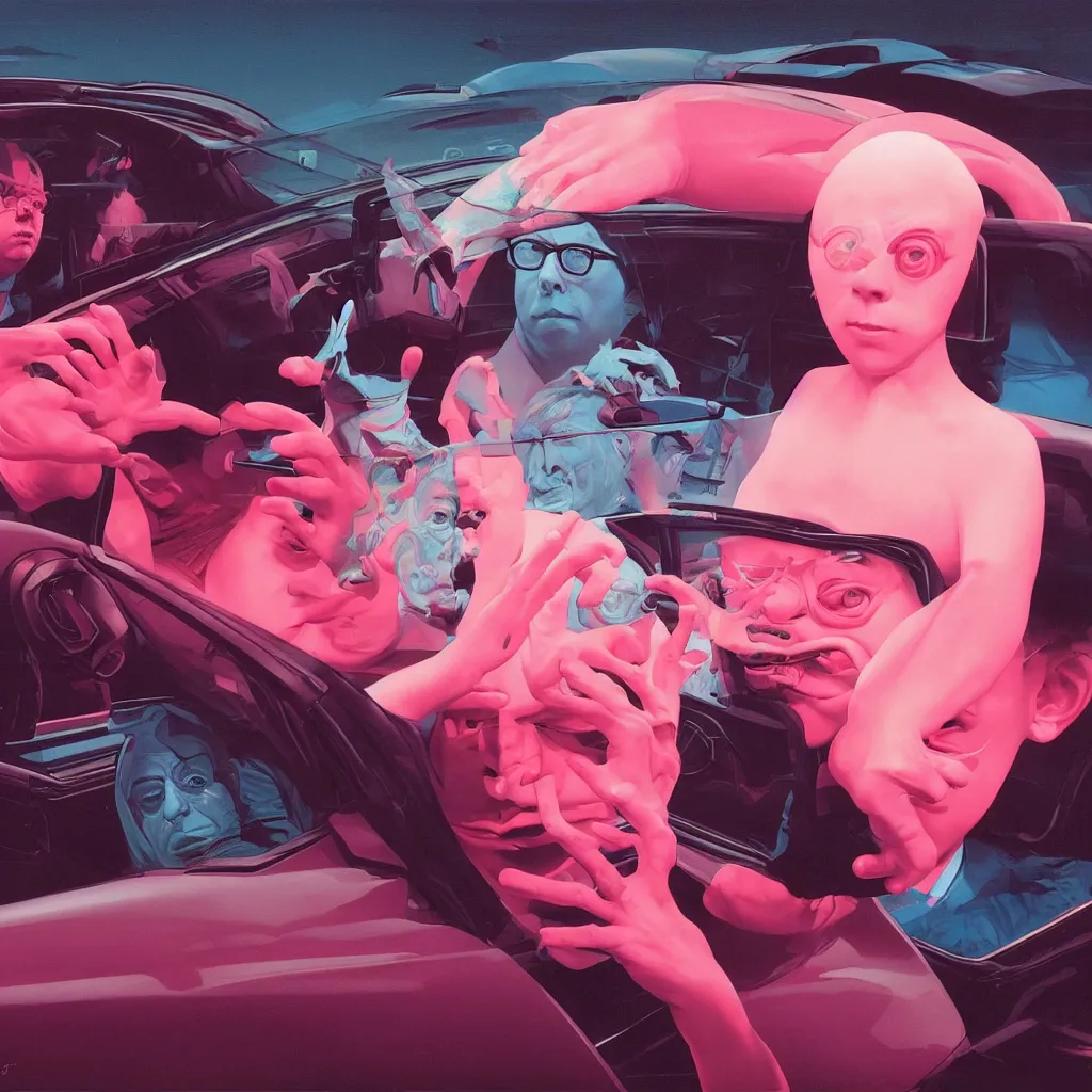 Image similar to weird and disturbing portrait of todd solondz driving a car in new york, vivid colors, death, neon, art by ( ( ( kuvshinov ilya ) ) ) and wayne barlowe and francis bacon and artgerm and wlop and william - adolphe bouguereau