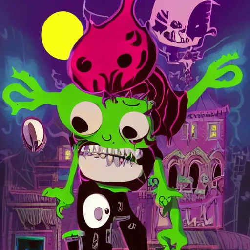 Image similar to psychic punk rocker vampiric electrifying rockstar with vampire squid head concept character designs of various shapes and sizes by genndy tartakovsky and splatoon by nintendo and the psychonauts franchise by doublefine tim shafer artists as well as the artist for the haunted mansion ride characters for the new hotel transylvania film