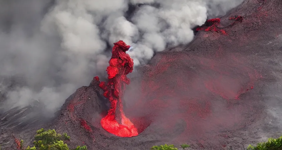 Prompt: a volcano made of ivory vines and crimson rocks enters in eruption, it spits a smoke in the shape of demonic eye, from One piece