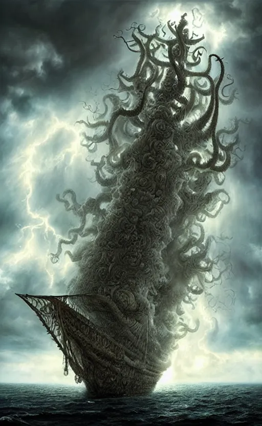 Image similar to the voyage of life, storm on the sea of galilee, huge clouds in the form of a dendritic cthulhu, an epic pirate ship, dappled silver lighting, atmospheric, highly detailed, by igor morski, jacek yerka, alexander jansson, james christensen, tomek setowski