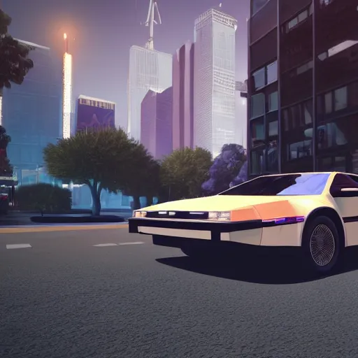 Image similar to point perspective illustration, neon city photorealistic render unreal engine 5, delorean hovers in the foreground