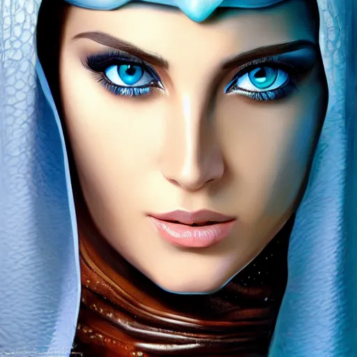 Prompt: Arab Ameera Al taweel, Crystal blue eyes, leather, oil colors, elegant, sharp focus, beautiful face, Hyper-realistic, Highly Detailed, HD, Dramatic Lighting by Brom, by beeple, studio ghibli, wallpaper, highly detailed, trending on artstation