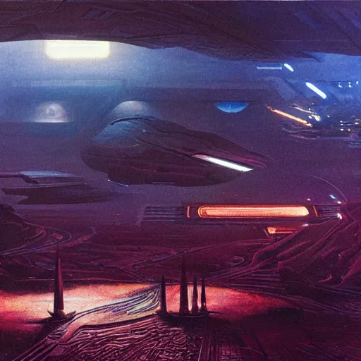 Prompt: scene from bladerunner 2 0 4 9 movie, syd mead artlilery spaceship lands in an alien landscape, filigree ornaments, volumetric lights, syd mead, beksinski