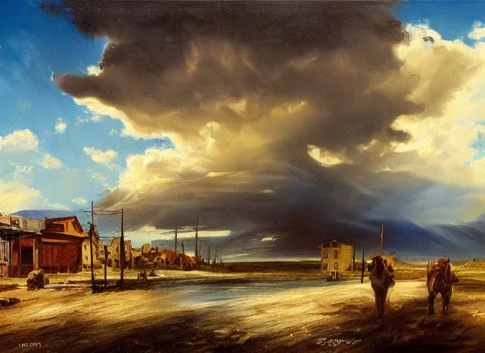 Image similar to oil painting of american old west town, harbour, dramatic storm clouds, dusty street, sunrays, dramatic, very very very beautiful art, cinematic lighting, romanticism by goya, bright art, pastel color, blue sky, sunny summer day, tall rocky mountains