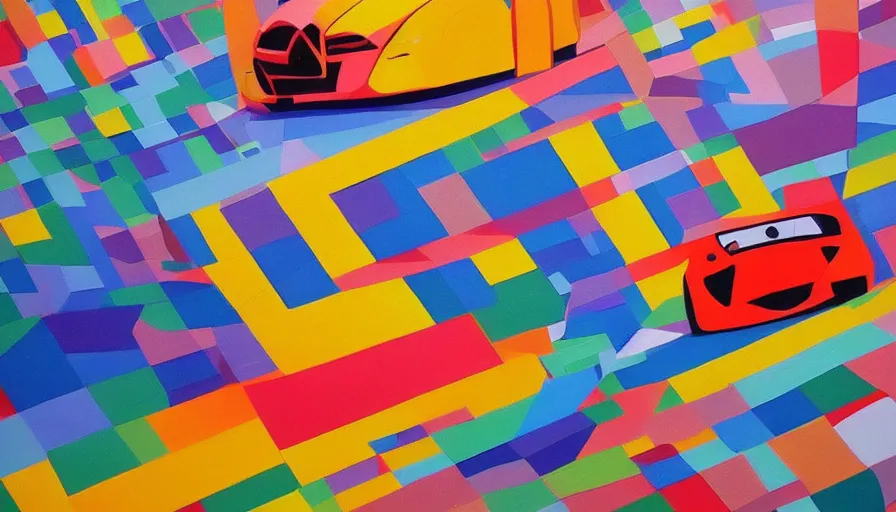 Prompt: a geometric, colourful, painting of a car driving down a highway