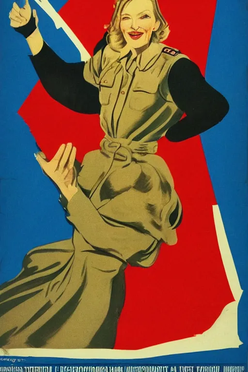 Image similar to soviet propaganda poster with cate blanchett calling on the world community to fight against Nazism, Ultra Detailed, soviet realism