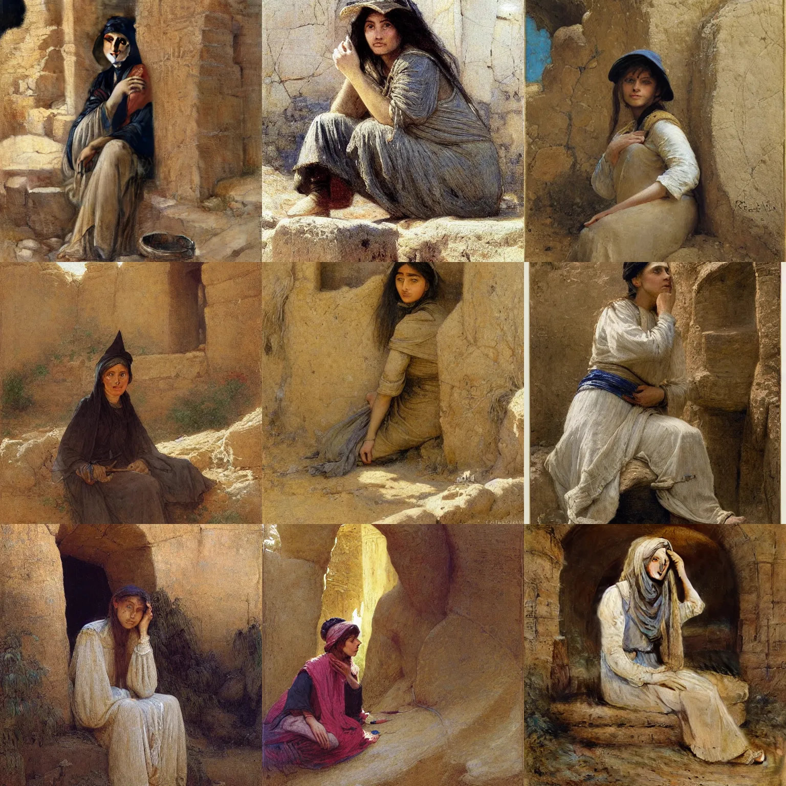 Prompt: orientalism portrait of a witch sitting inside a sandstone ruin by theodore ralli and jules bastien - lepage and and nasreddine dinet, masterful intricate artwork, excellent lighting, high detail 8 k