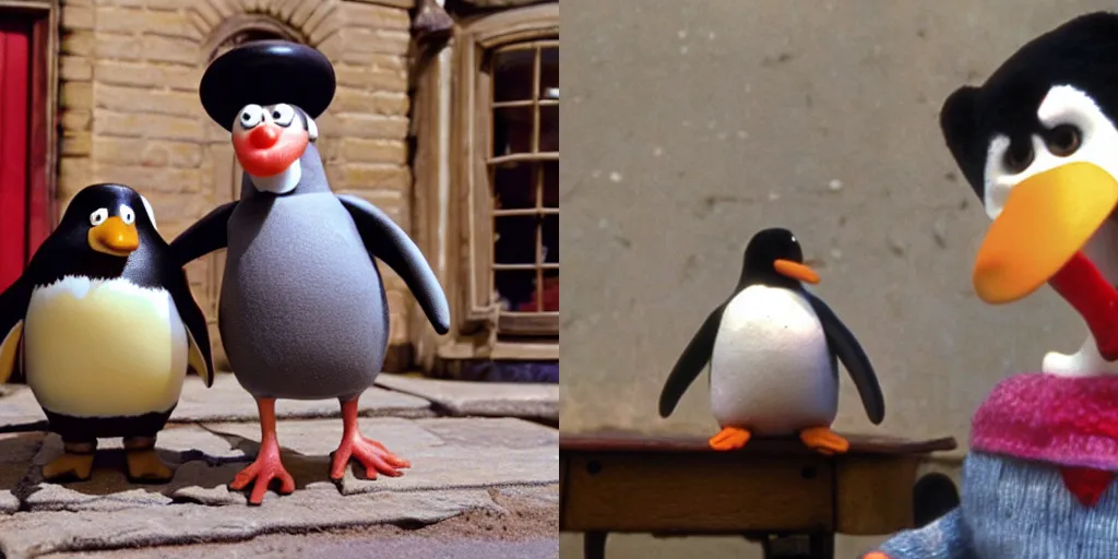 Prompt: penguin in wallace and gromit a grand day out