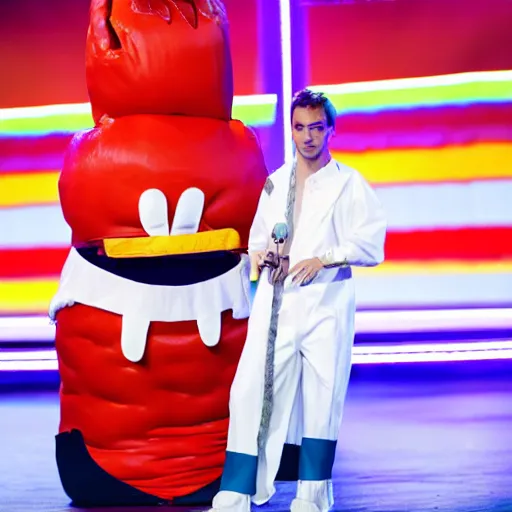Prompt: Professional photograph of Flume wearing a hotdog costume on stage at EDC