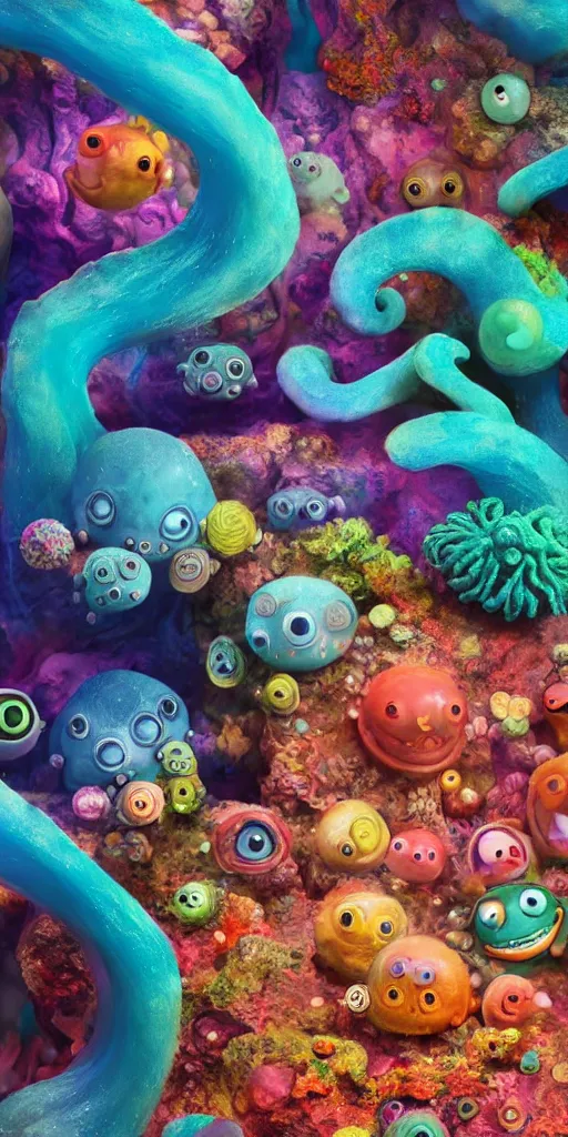 Image similar to of a colorful deep sea cave with strange cute friendly happy creatures with huge eyes, mouth, long tongue and round teeth appearing from sandy coral, in the style of gehry and gaudi, macro lens, shallow depth of field, ultra detailed, digital painting, trending artstation, concept art, illustration, cinematic lighting, photorealism, epic, octane render