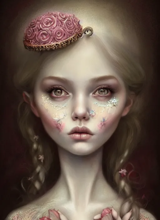 Image similar to portrait of an fairytale princess, beautiful face, hyper realistic, highly detailed, digital painting, artstation, illustration, concept art by nicoletta ceccoli and mark ryden, digital paint, matte paint, washed colors, eating cakes, dark, gloomy, foggy