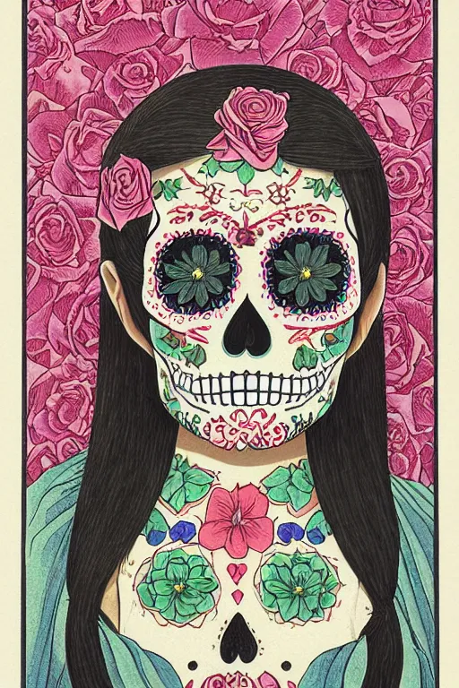 Image similar to Illustration of a sugar skull day of the dead girl, art by hasui kawase