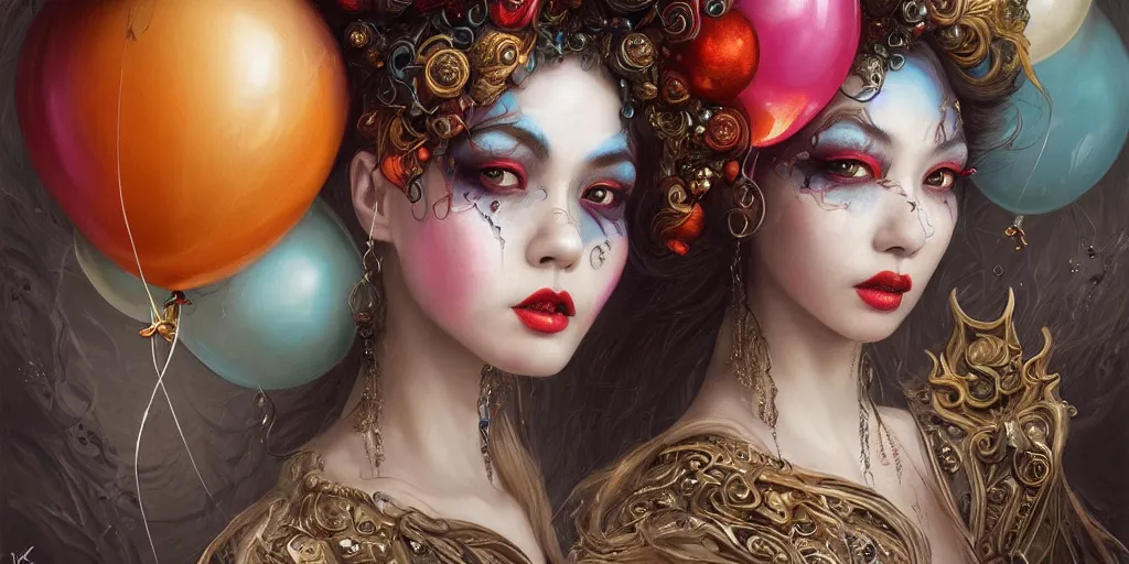 Prompt: a portrait of a group of female clown sorceress with balloons bathing in a lake by karol bak and jia ruan, beautiful detailed eyes, cute, fantasy, intricate, elegant, highly detailed, digital painting, 4 k, hdr, concept art, detailed jewelry, smooth, sharp focus, illustration, art by artgerm
