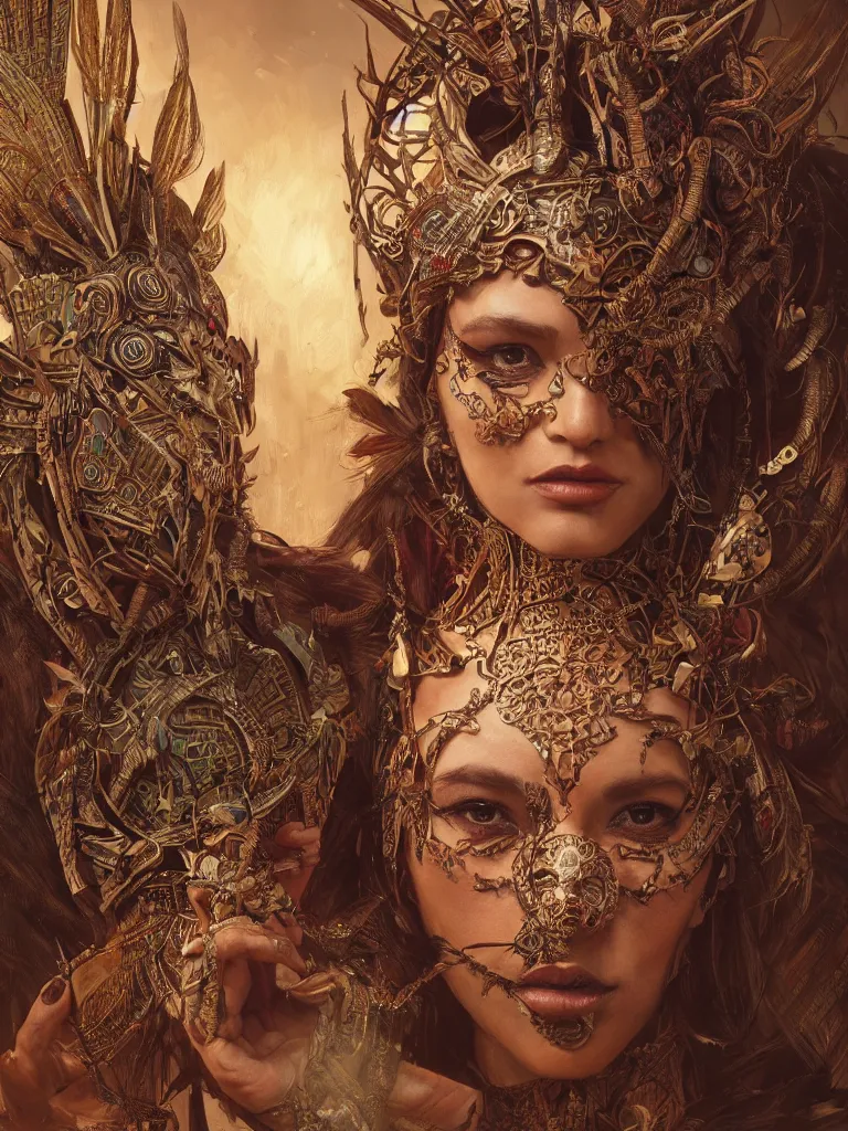 Prompt: a Photorealistic dramatic fantasy render of a beautiful woman wearing a beautiful intricately detailed Aztec Insect shaman mask and costume by WLOP,Artgerm,Greg Rutkowski,Alphonse Mucha, Beautiful dynamic dramatic dark moody lighting,shadows,cinematic atmosphere,Artstation,concept design art,Octane render,8K