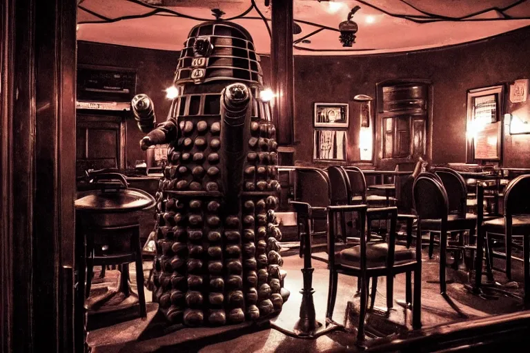 Image similar to photograph of a dalek in a traditional london pub, highly detailed, dramatic lighting, intense shadows, rich deep colours