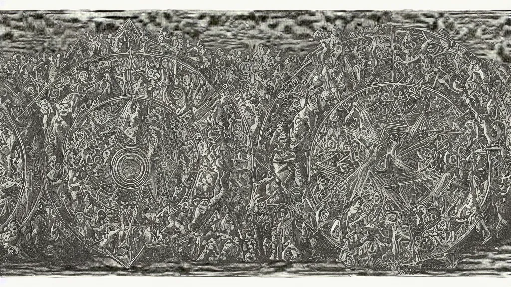 Image similar to mankinds discovery of alchemy sacred geometry engraving by gustave dore