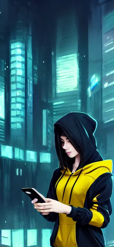 Image similar to a vtuber model concept art of a beautiful girl in a black and yellow hoodie looking on a smartphone in her hand, blue eyes, long hair, full body art, futuristic city background, artstation, digital art, commission art, style by jordan grimmer and greg rutkowski, 4 k resolution