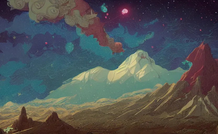 Prompt: mountains, stars and paisley filled sky, artstation, intricate, highly detailed, digital painting, concept art, sharp focus, illustration by Benjamin Lacombe and Kilian Eng