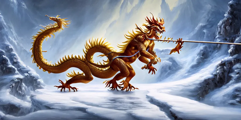 Image similar to a beautiful oil painting of a chinese dragon with white scales about the ice lake, sun wukong holding a long golden stick stand on the ice lake, surrounded by snow mountains and heavy snow, cinematic shots, aftereffects, epic, game cg style, trending on artstation, wide view, cinematic light, 8 k