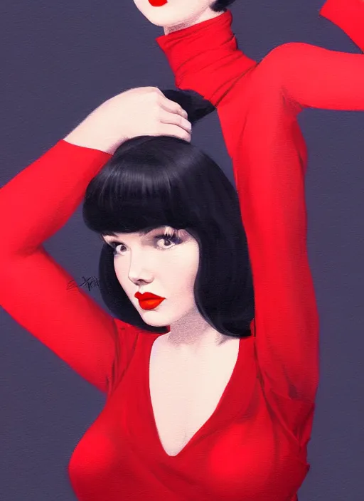 Prompt: portrait of betty page with bangs, 1 9 6 0 s, long hair, red clothes, bangs, black eyes, intricate, elegant, glowing lights, highly detailed, digital painting, artstation, concept art, smooth, sharp focus, illustration, art by wlop, mars ravelo and greg rutkowski