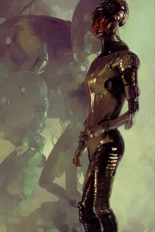 Image similar to pulp scifi fantasy illustration full body portrait of elegant warrior woman wearing latex spacesuit, by norman rockwell, jack kirby, bergey, craig mullins, ruan jia, jeremy mann, tom lovell, 5 0 s, astounding stories, fantasy