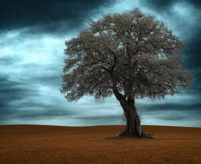 Image similar to 4 k hd, high detail photograph of lonely tree during apocalyptic scenery, shot with sigma f / 4. 2, 2 5 0 mm sharp lens, wide shot, consistent, volumetric lighting, high level texture render