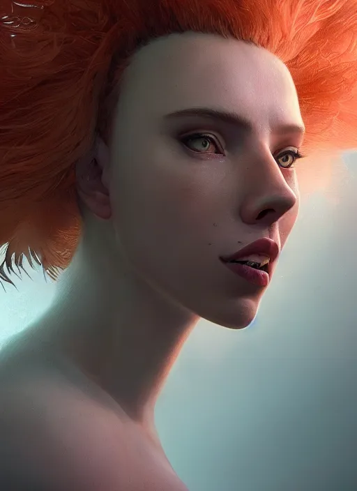 Image similar to a beautiful portrait of scarlett johansson as anthropomorphic lioness. character design by cory loftis, fenghua zhong, ryohei hase, ismail inceoglu and ruan jia. volumetric light, detailed, rendered in octane