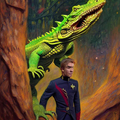 Image similar to a portrait of a male reptile lizard lizardman dragon in star trek uniform at night in a dark forest. zootopia fursona furaffinity detailed face painting by gaston bussiere craig mullins jc leyendecker gustav klimt artgerm greg rutkowski