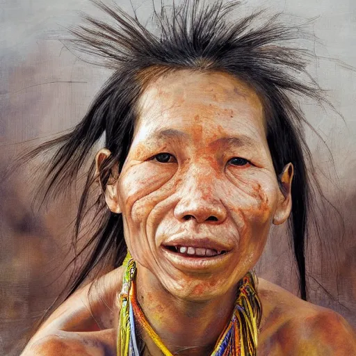 Image similar to high quality high detail painting by jenny saville, hd, a skinny beautiful kayan female tribe leader, hair in wind, photorealistic lighting