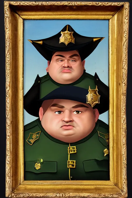 Image similar to high fantasy elf mall cop with a sheriff's badge that is fat, shifty, 1500s Oil Portrait, Carvagio