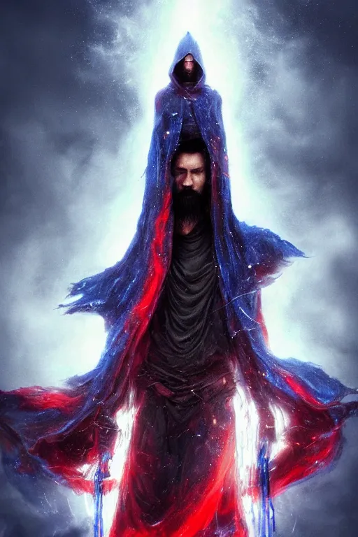 Image similar to A full body portrait of a mysterious dark sorcerer, with a long beard, a very long red and blue hooded cloak with blue fire coming off it, lightning in the sky art by Maciej Kuciara and Jason Chan, ominous, cosmic horror, trending on artstation, Ultra detailed, hyper realistic 4k