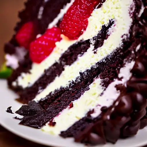 Image similar to the most delicious slice of black forest cake, close up food photography, trending on pintrest