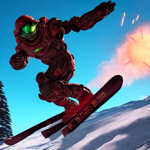 Prompt: Doom Slayer on skis mid jump