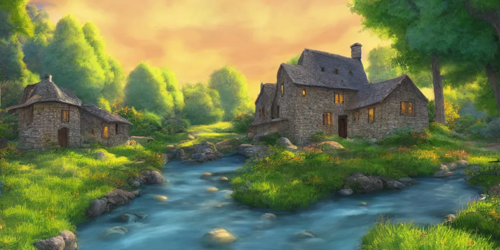 Image similar to a serene landscape with a small medieval stone house near a river in the style of Pixar, anime style, low saturation, high quality, highly detailed, 4k, complementary colours, cartoon