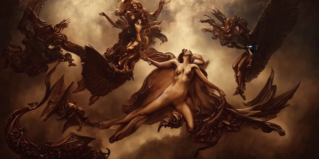 Image similar to The war between heaven and hell, by Rolf Armstrong and Evelyn De Morgan and Bastien Lecouffe-Deharme, dramatic lighting, high contrast colors, baroque, empyrean, panoramic view, as trending on Artstation, highly detailed, quake engine,