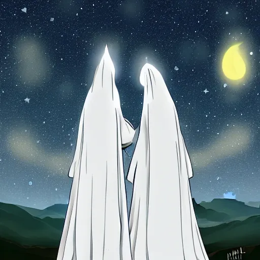 Prompt: two identical female nuns outside at night, starry sky, clean detailed anime art