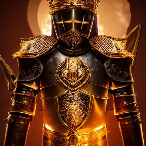 Image similar to a highly detailed knight with glowing purple eyes in a T golden helmet and a golden crown with a blue diamond in the center, golden armor, leather clothes under the armor, leather gloves, holds a black sword, artstation, DeviantArt, professional, octane render, sunset lighting