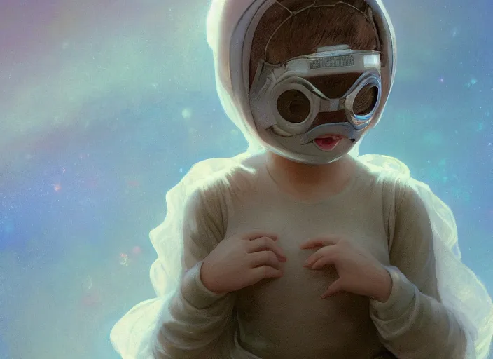 Image similar to angel baby cherub, wearing a balaclava, ski mask face, covered face, face covered, role in a musical sci - fi space opera ghibli animated film, volumetric lighting, octane render by stanley artgerm lau, greg rutkowski, thomas kindkade, alphonse mucha, loish, norman rockwel,