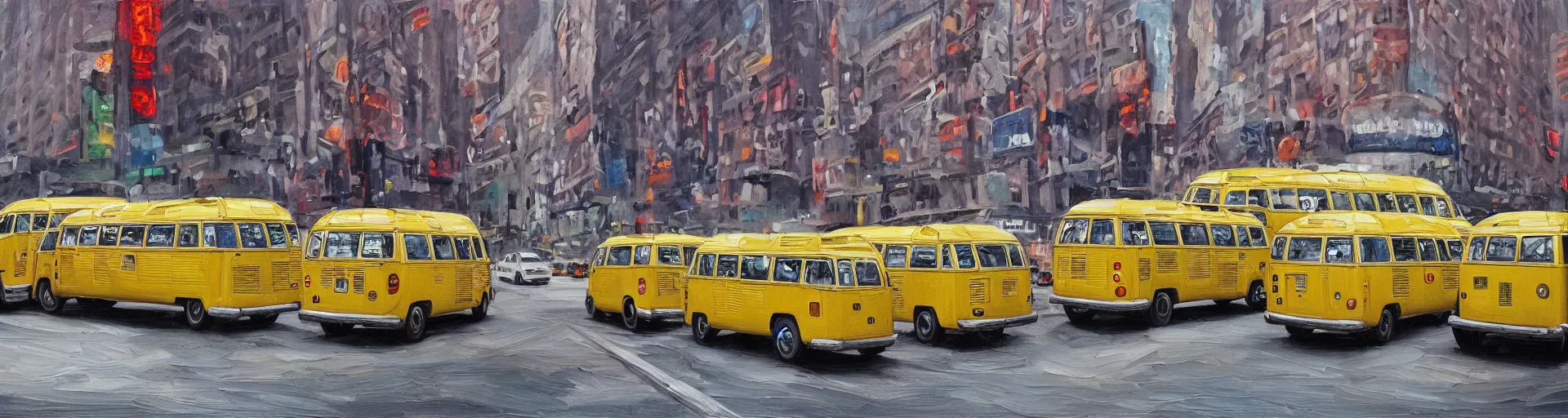 Prompt: a detailed oil painting of vw buses in new york city