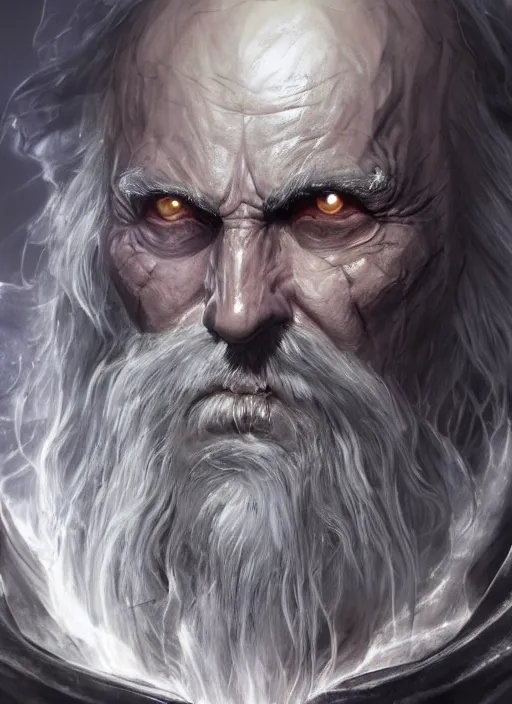 Image similar to old man looks like wizard + sorcerer + warlock, diablo digital concept art, going super saiyan, artwork by Tyler Edlin + Simon Bisley, artstation, very detailed facial structure, long beard, 8k