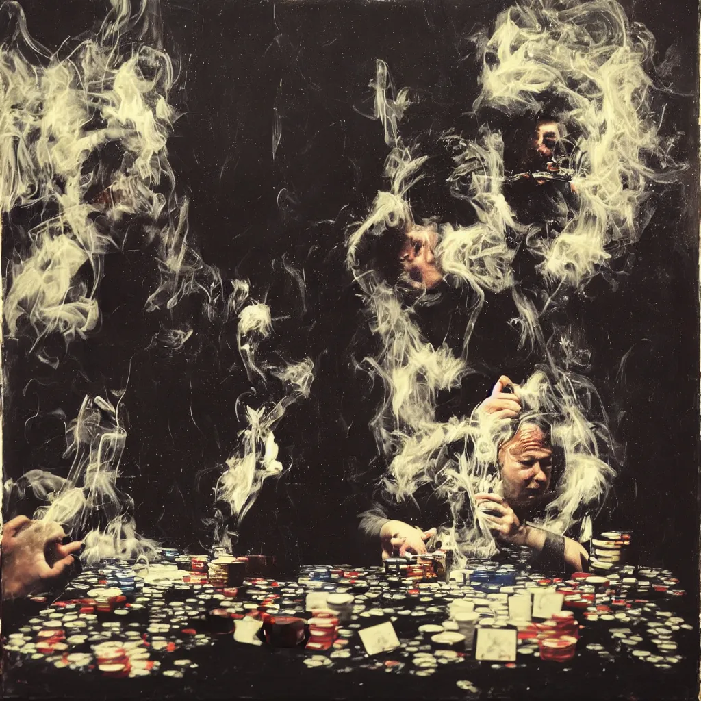 Image similar to bill hicks smoking playing poker. vivid colors, by GREgory crewdson, nicola samori and jenny saville