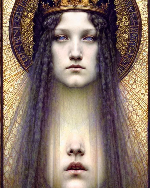 Image similar to detailed realistic beautiful young medieval queen face portrait by jean delville, gustave dore and marco mazzoni, art nouveau, symbolist, visionary, gothic, pre - raphaelite. horizontal symmetry