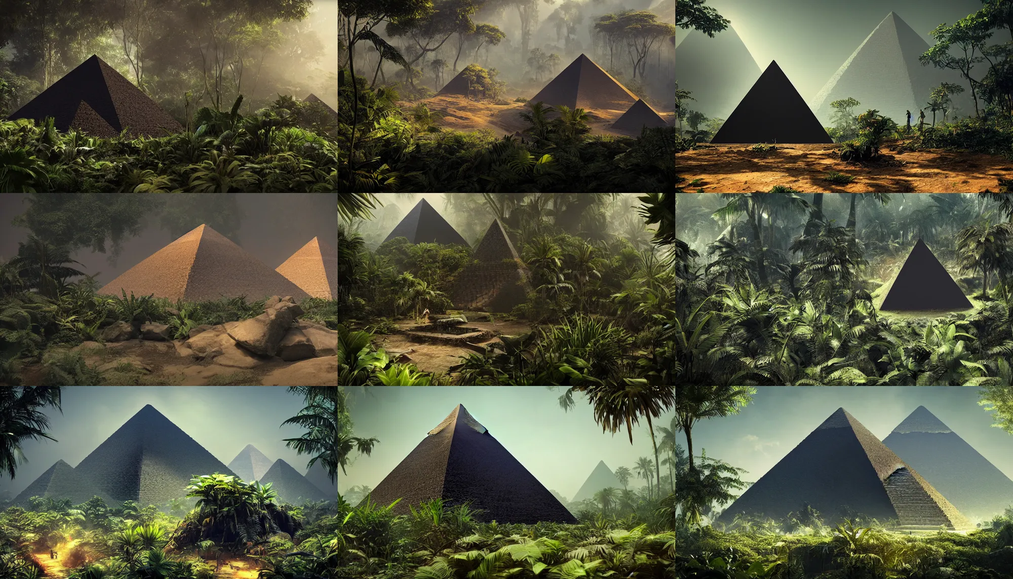 Prompt: pyramid that is black, in the jungle, plants environment, wide angle, cinematic lighting, atmospheric, realistic, octane render, highly detailed, in the style of craig mullins