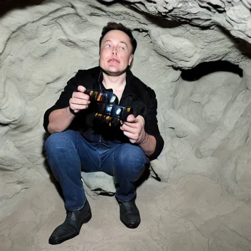 Prompt: Elon musk sitting in a dark cave eating batteries out of his flashlight, photorealistic