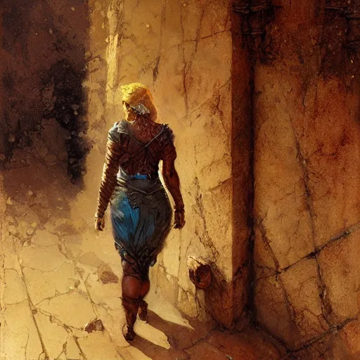 Image similar to a scrappy bronze age thief woman, looking around a corner, fantasy character portrait by gaston bussiere, craig mullins, greg rutkowski