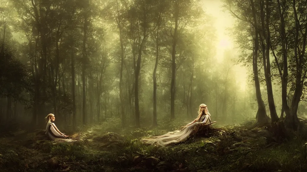 Image similar to elven princess sitting alone, far away, in the melancholy forest. andreas achenbach, artgerm, mikko lagerstedt, zack snyder, tokujin yoshioka