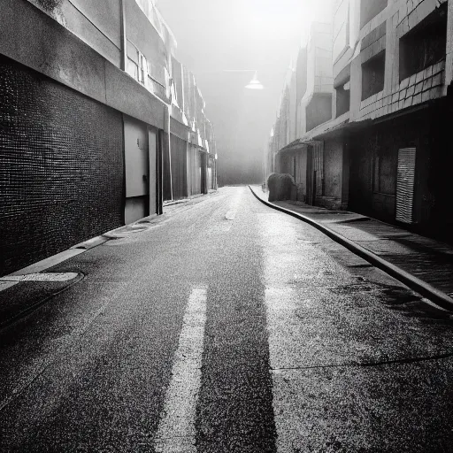 Prompt: analog photograph of an alley in a futuristic city, big clouds visible, greyscale, film grain, rainfall, bokeh, lensflare, depth of field
