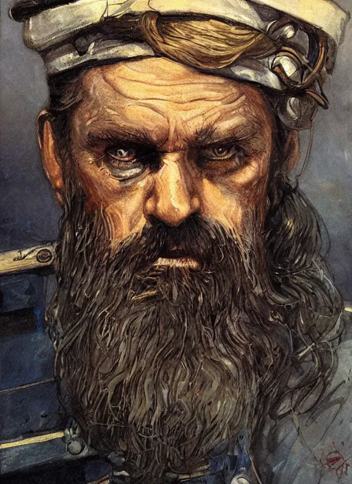 Prompt: portrait of grizzled sailor on ship deck, coherent! by brom, deep color, strong line, high contrast